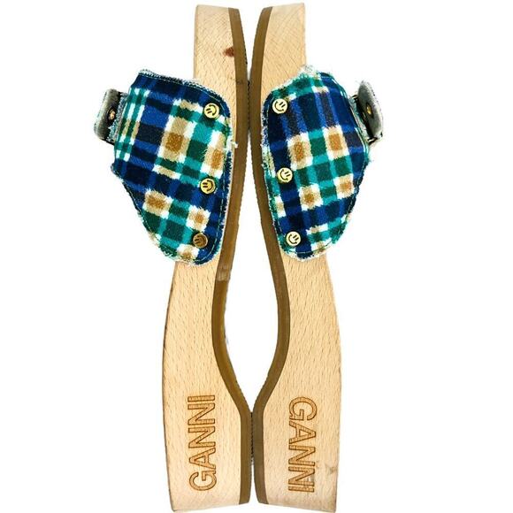 Ganni x Dr Scholls Slip On Pescura Heel Sandals Plaid Strap Blue Womens Sz 7 NEW - Picture 3 of 16